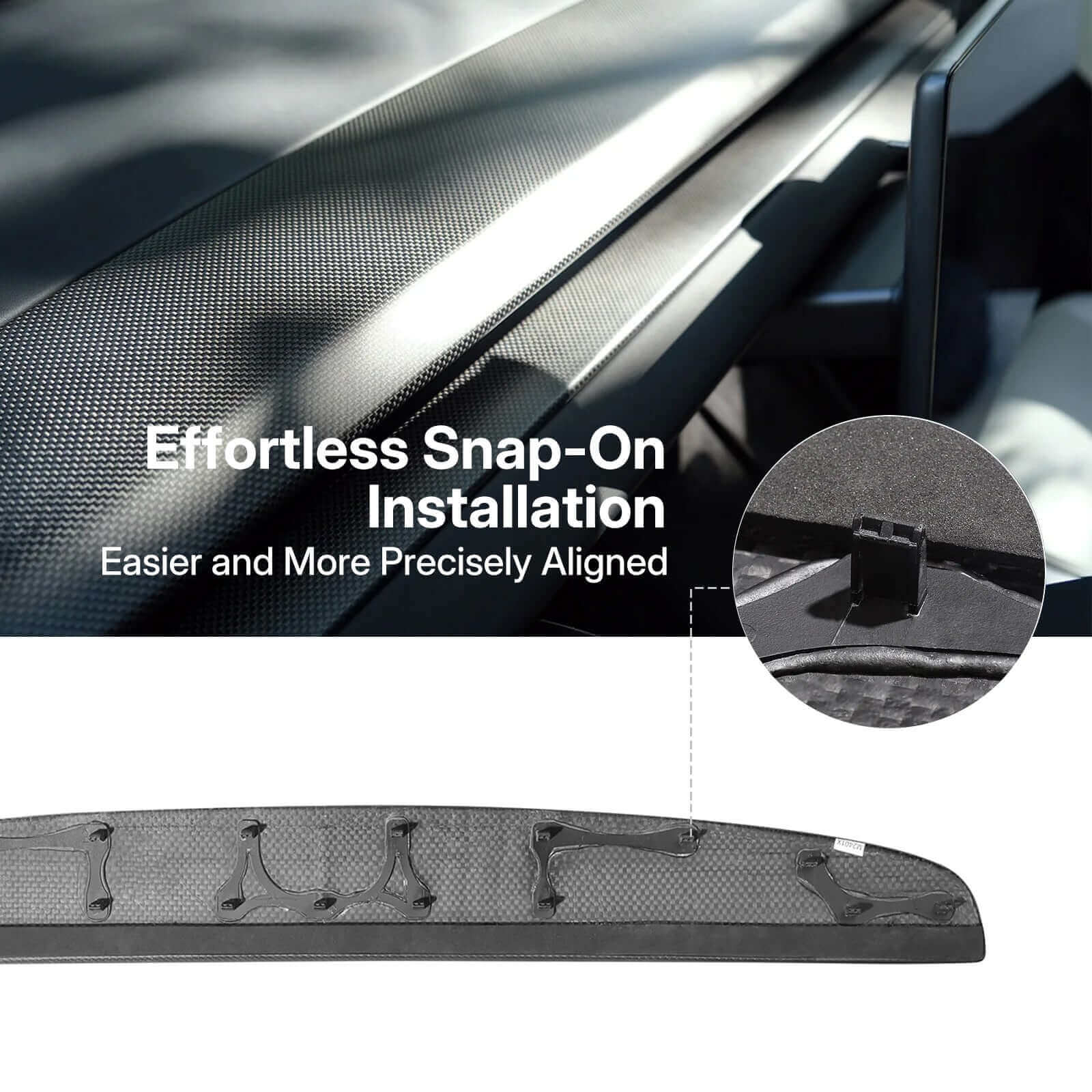 Direct Replacement Dashboard Panel for Tesla Model 3 Highland 2024 & Model Y Juniper 2025 installation method detailing snap-on feature