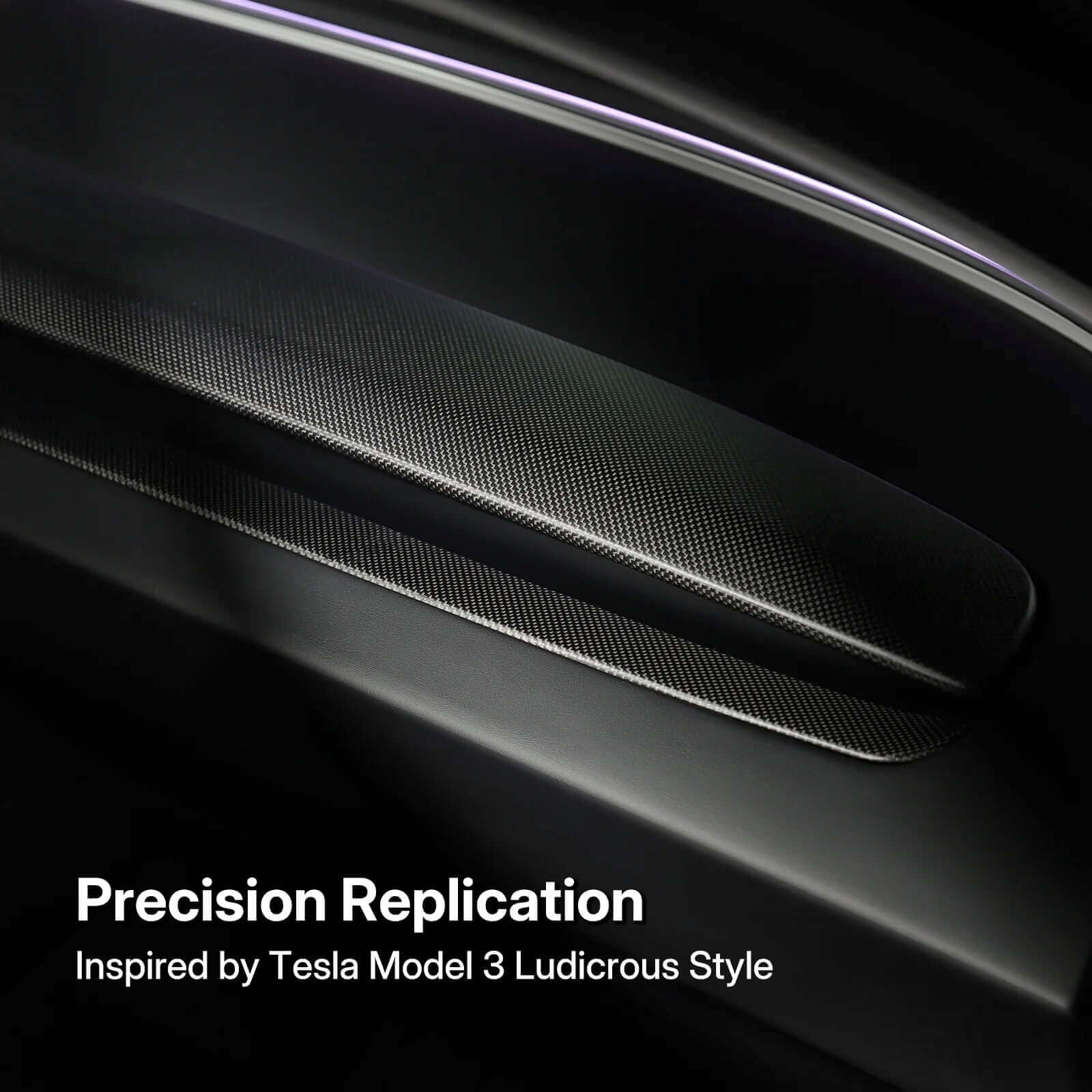 Close-up of real dry carbon fiber texture on dashboard panel for Tesla Model 3 Highland 2024 & Model Y Juniper 2025 showcasing premium finish.