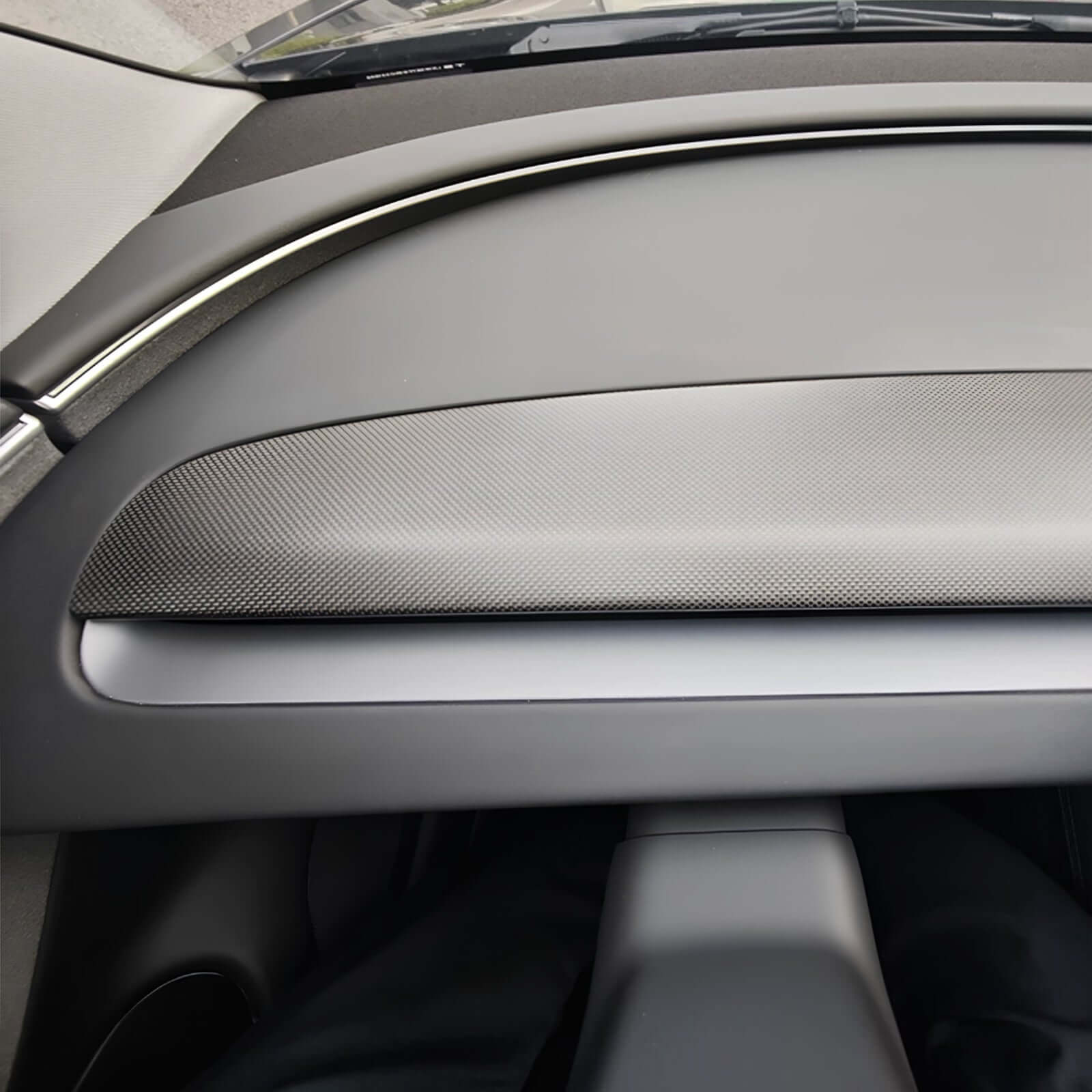 Close-up of Real Dry Carbon Fiber on Direct Replacement Dashboard Panel for Tesla Model 3 Highland 2024 & Model Y Juniper 2025 showing premium texture