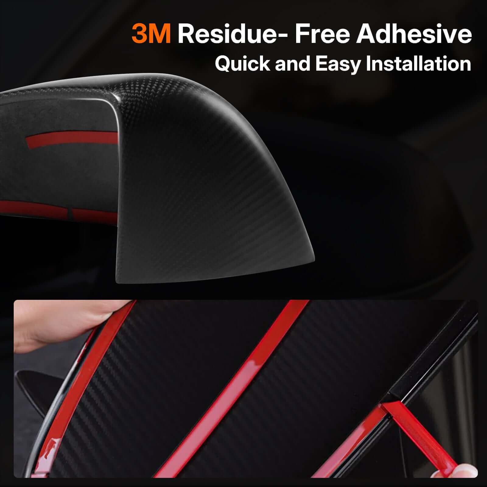 Close-up of Real Dry Carbon Fiber Mirror Covers for Tesla Model 3 showcasing 3M residue-free adhesive for easy installation