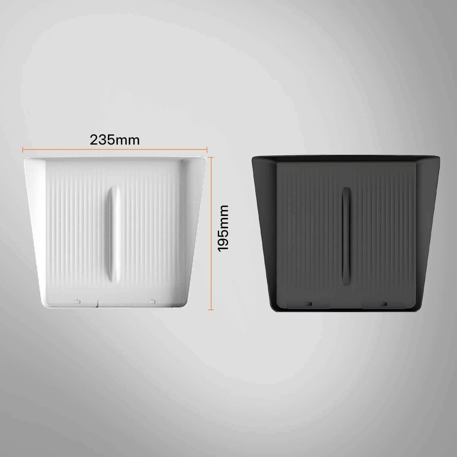 Close-up of dimensions for Tesla Model Y Juniper 2025 / Model 3 Highland 2024 console wireless charging pad in white and black