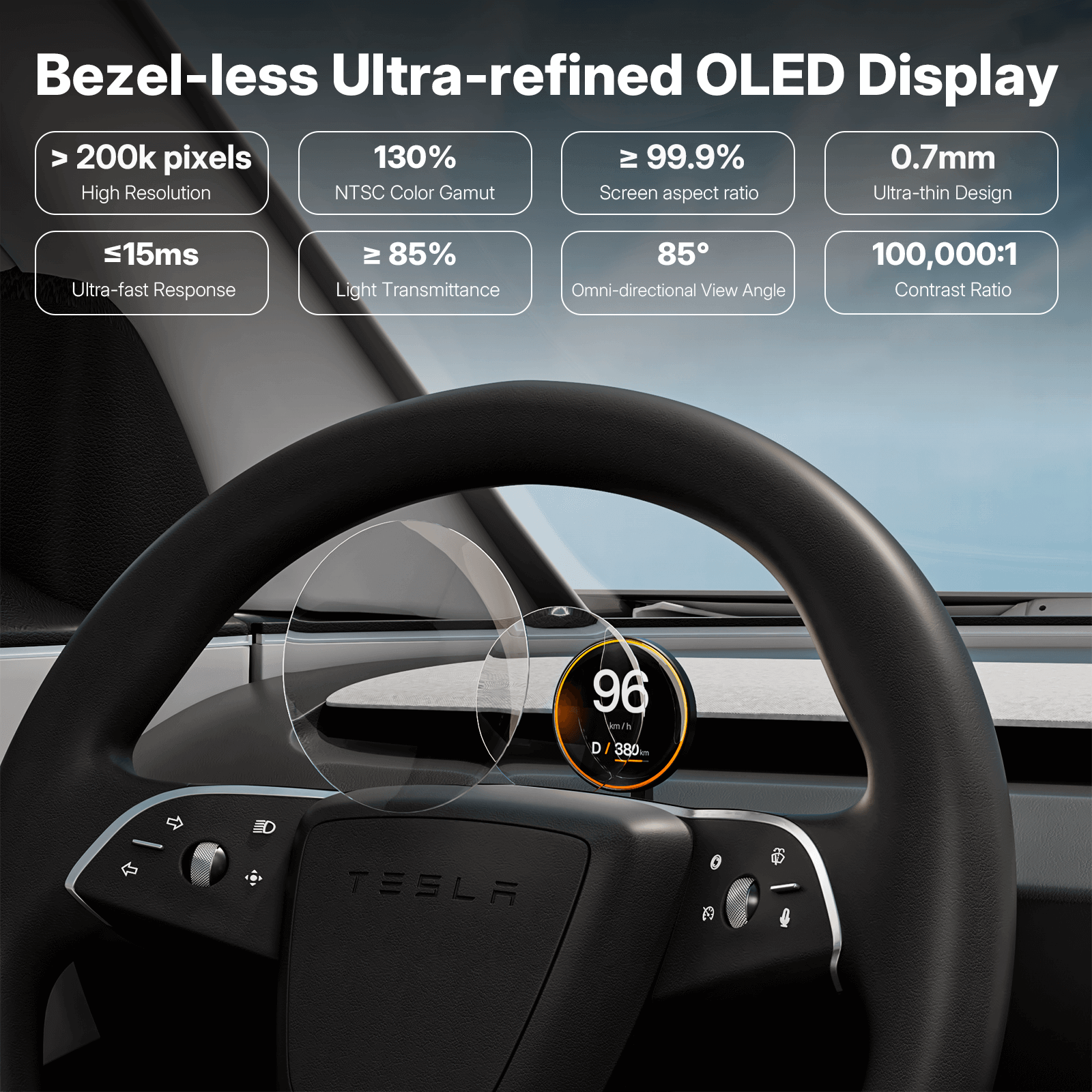 Tesla Model Y Juniper 2025 HUD Display - Wireless OLED Instrument Cluster indicating speed and features