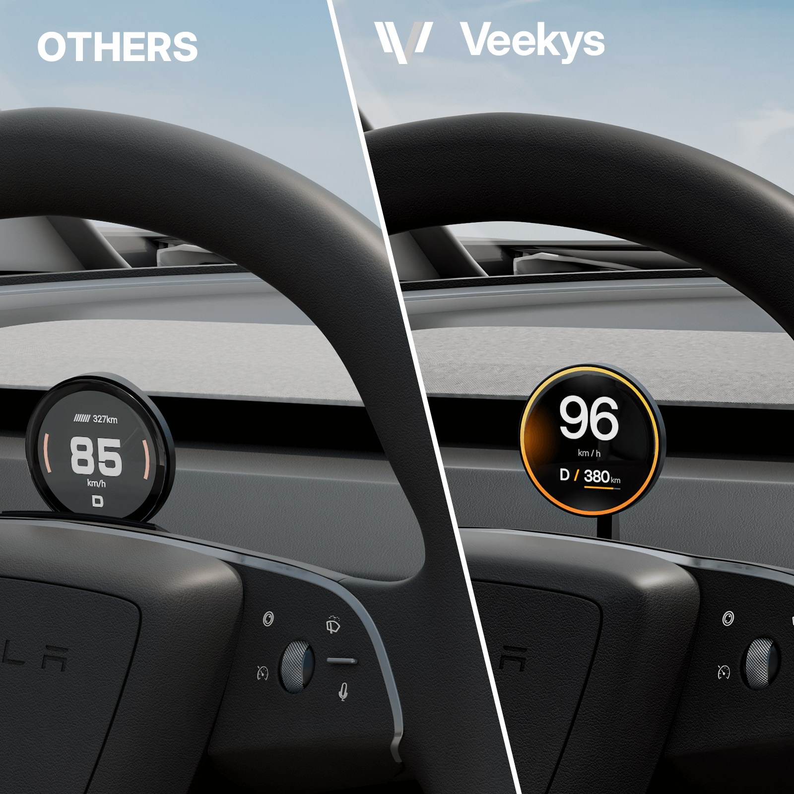 Comparison image showing Tesla Model Y Juniper 2025 HUD Display - Wireless OLED Instrument Cluster vs. others' digital speed indicator