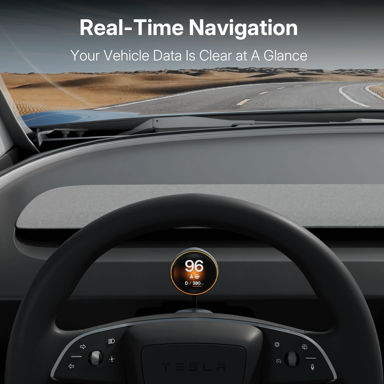 Tesla Model Y Juniper 2025 HUD Display interface showing real-time navigation information and speed reading.