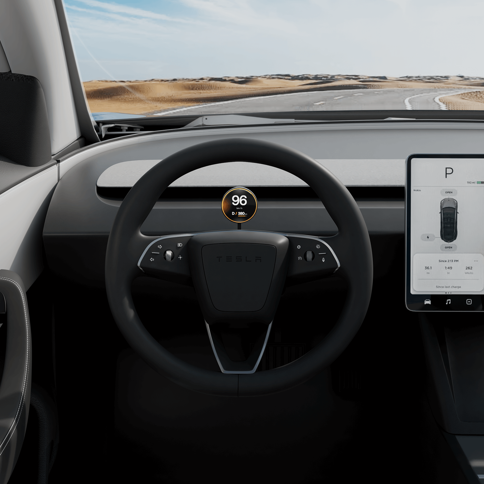 Tesla Model Y Juniper 2025 HUD Display showing current speed of 96 mph on wireless OLED instrument cluster