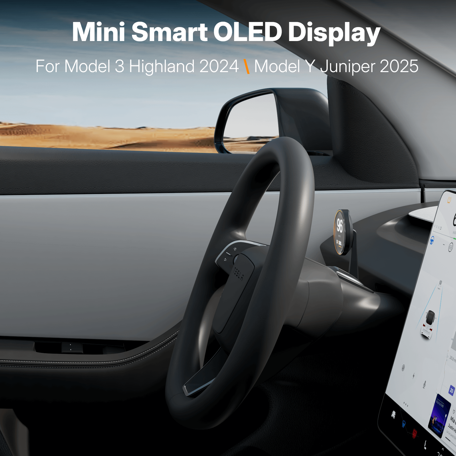 Tesla Model Y Juniper 2025 HUD Display - Wireless OLED Instrument Cluster in vehicle interior