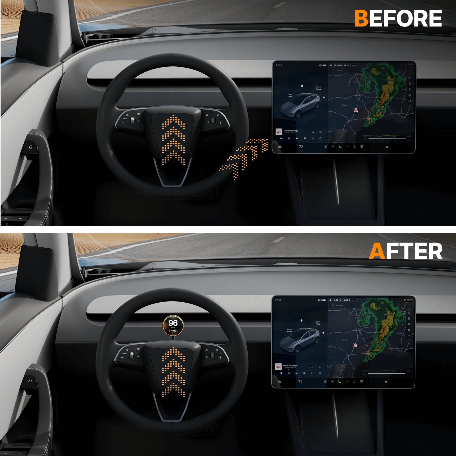 Before and after Tesla Model Y Juniper 2025 HUD Display installation showcasing upgraded instrument cluster