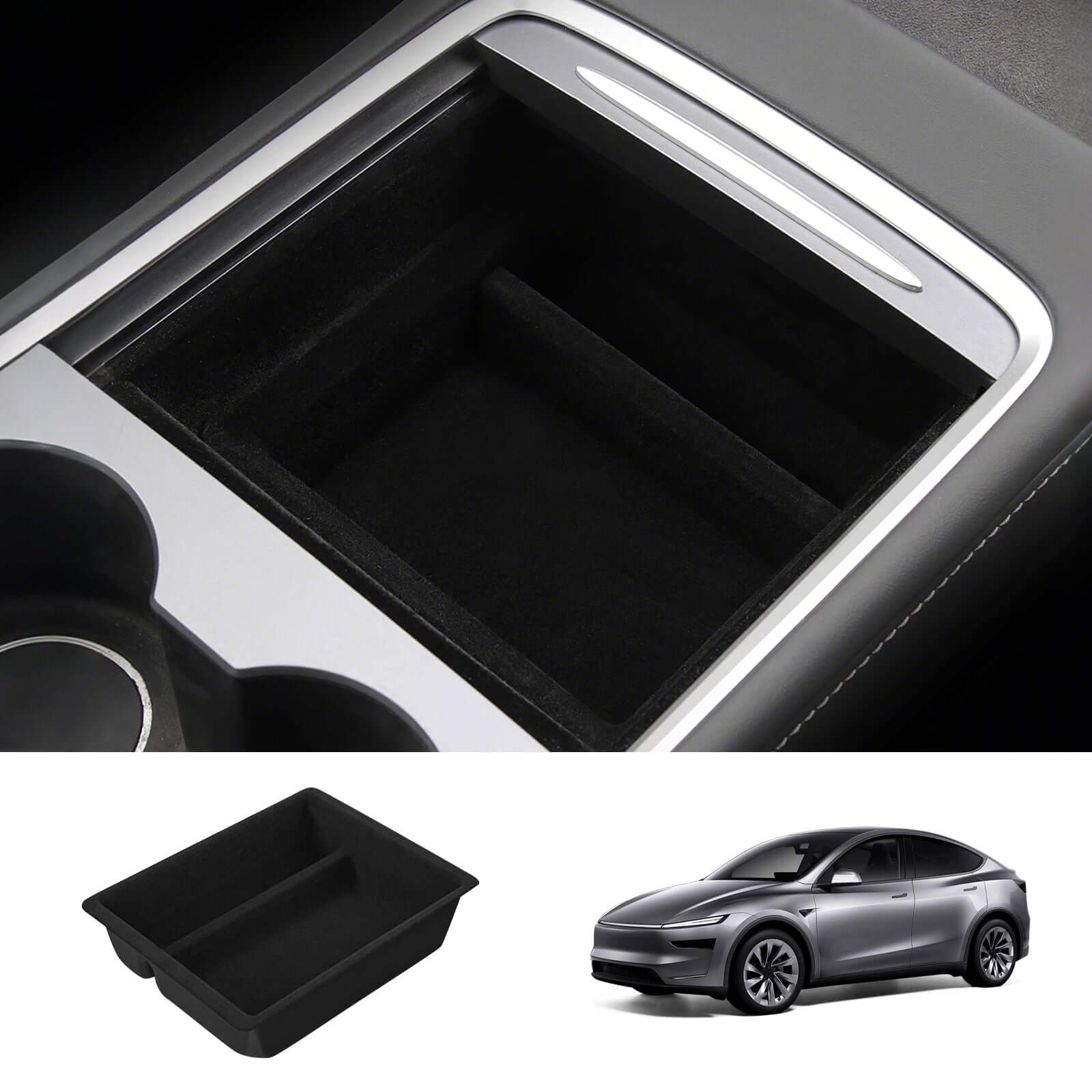 Close-up of Tesla Model 3 Highland 2024 & Model Y Juniper 2025 Velvet Armrest Organizer showing premium storage compartment features