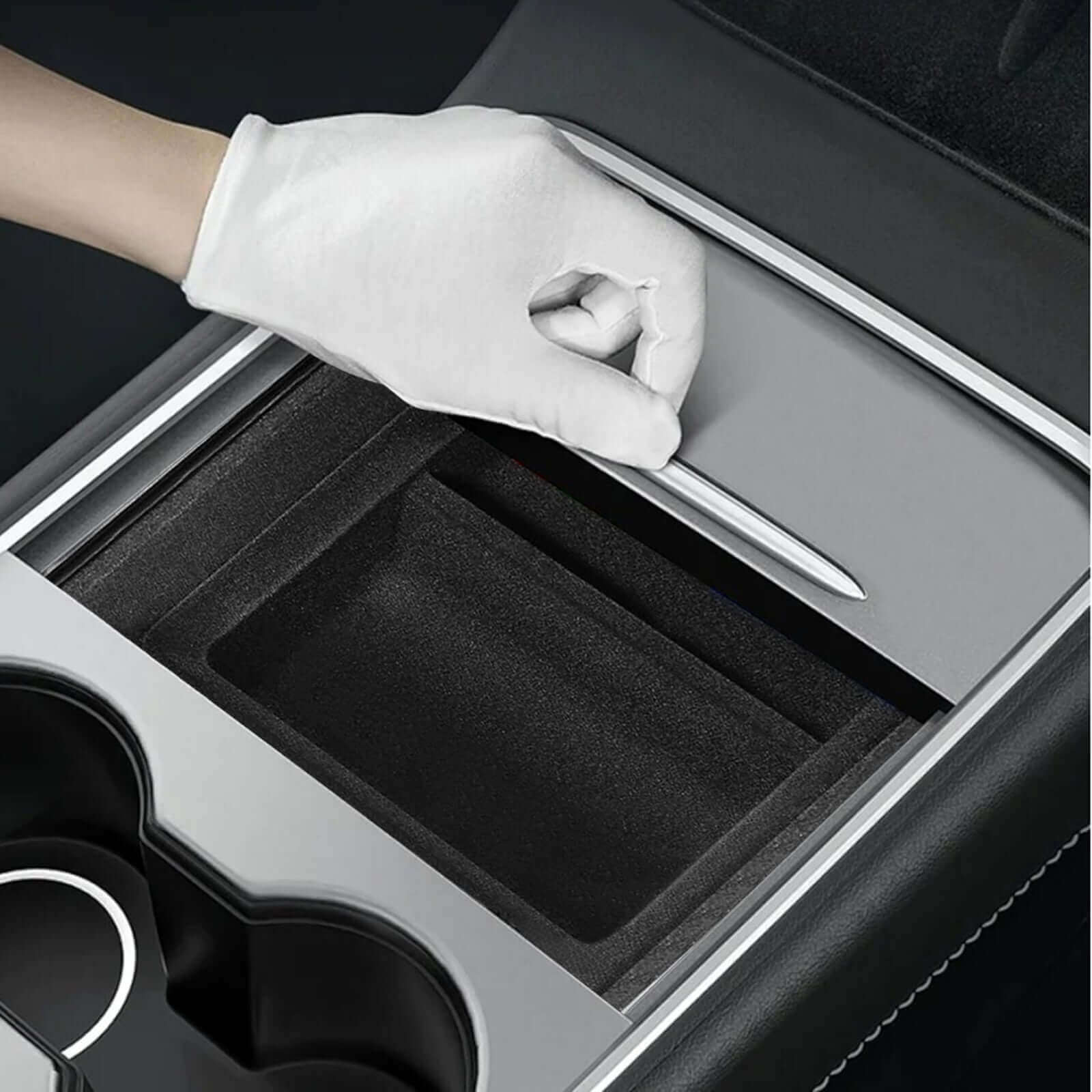 Tesla Model Y Juniper 2025 Velvet Armrest Organizer installation showing organized storage features