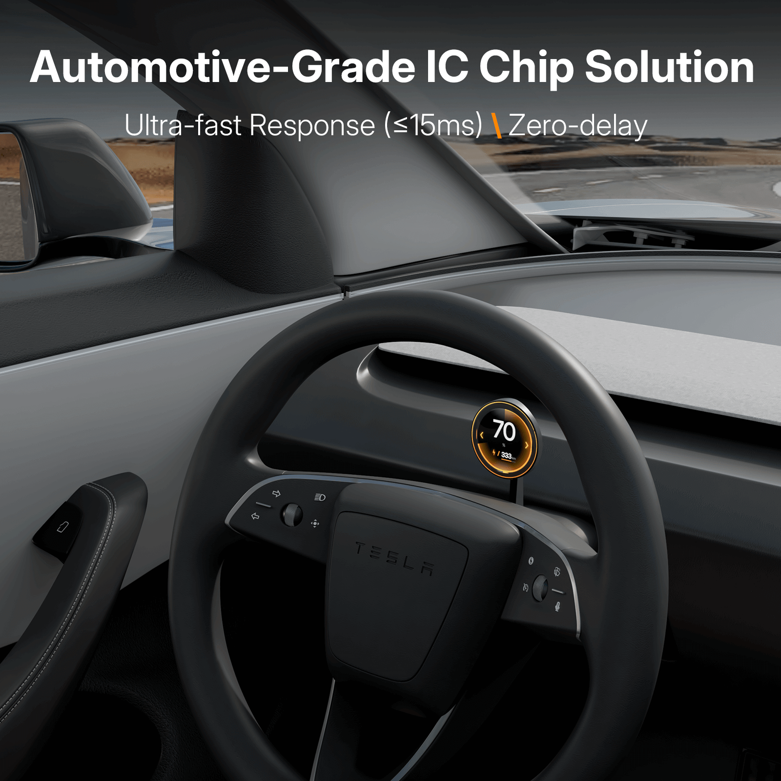 Tesla Model Y Juniper 2025 HUD Display - Wireless OLED Instrument Cluster showing digital speed readout of 70 mph