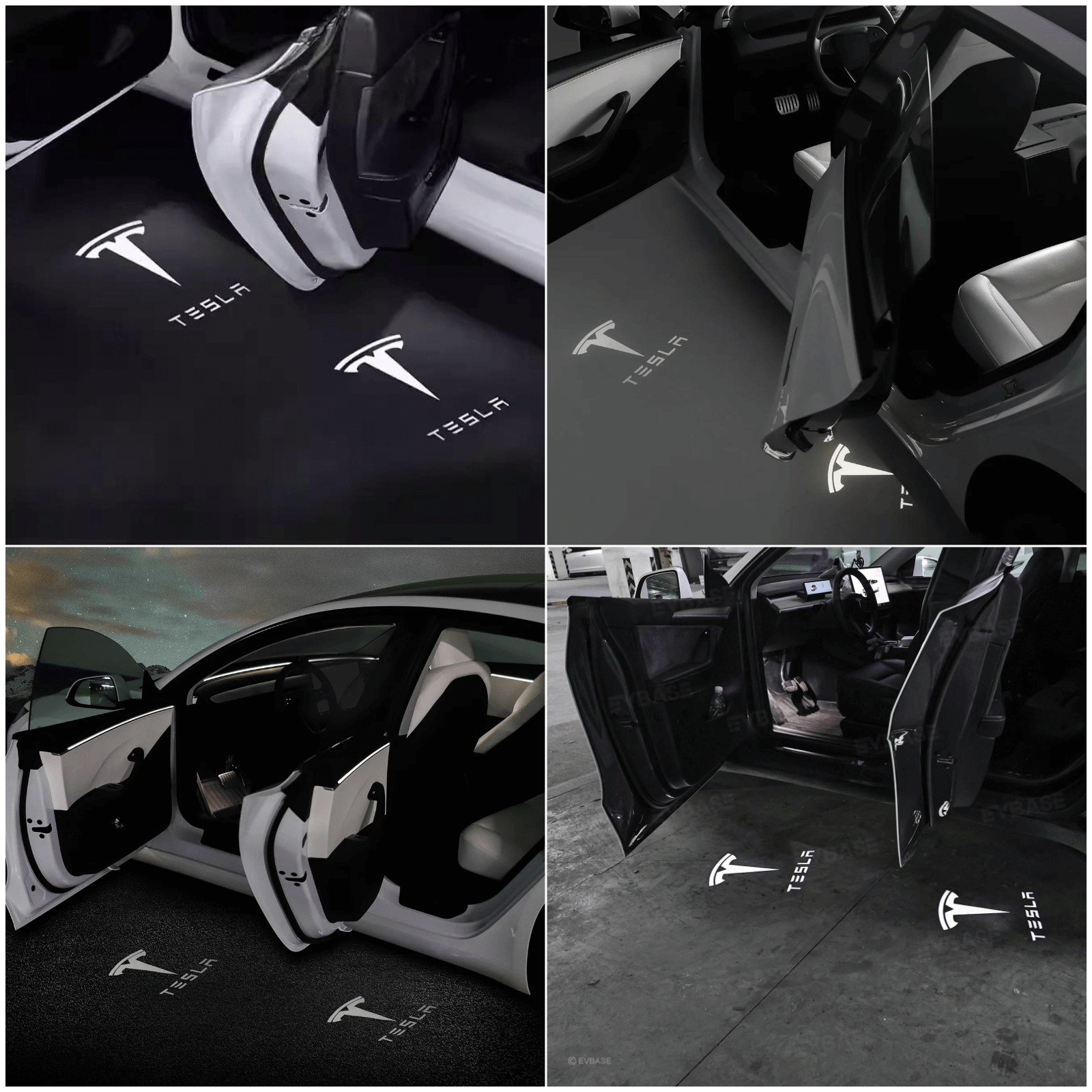 Tesla Model 3 / 3 Highland & Y / Y Juniper OEM Welcome Projection Lights illuminating entryway with crisp logo projection