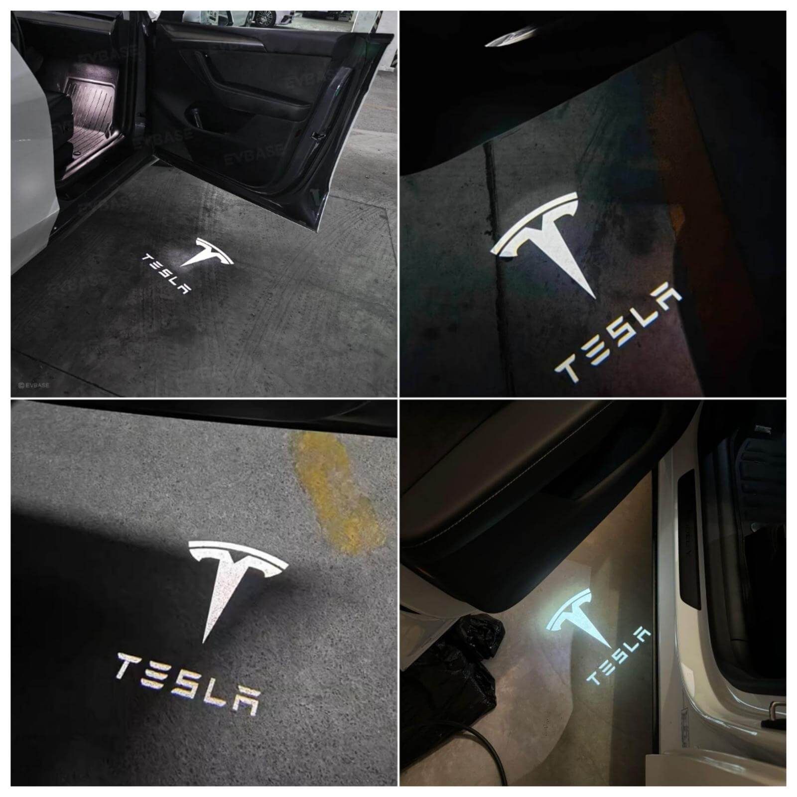 Tesla Model 3 / 3 Highland & Y / Y Juniper OEM Welcome Projection Lights in use projecting logo on ground.