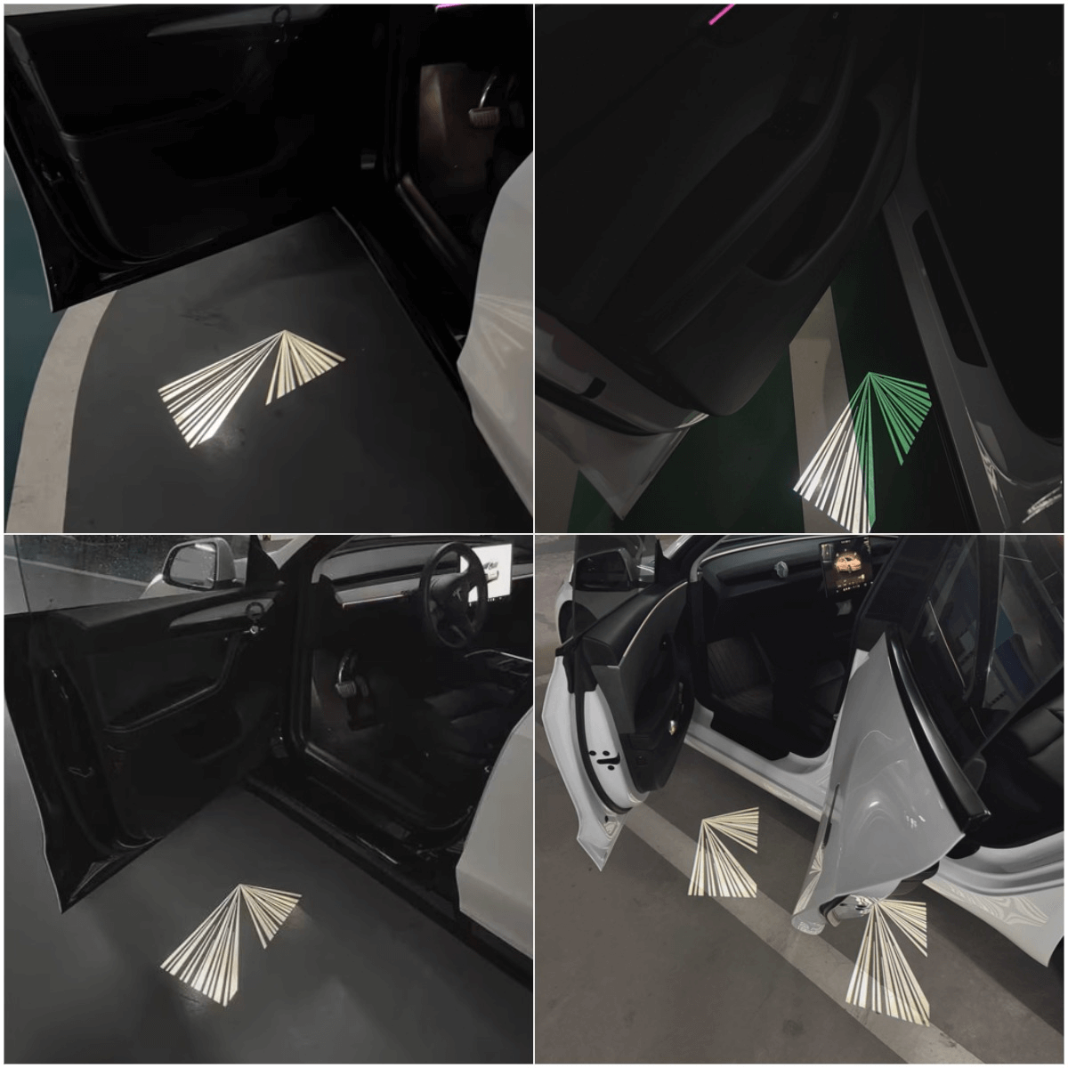 Tesla Model 3 / 3 Highland & Y / Y Juniper OEM Welcome Projection Lights illuminating ground with crisp logo in various lighting conditions