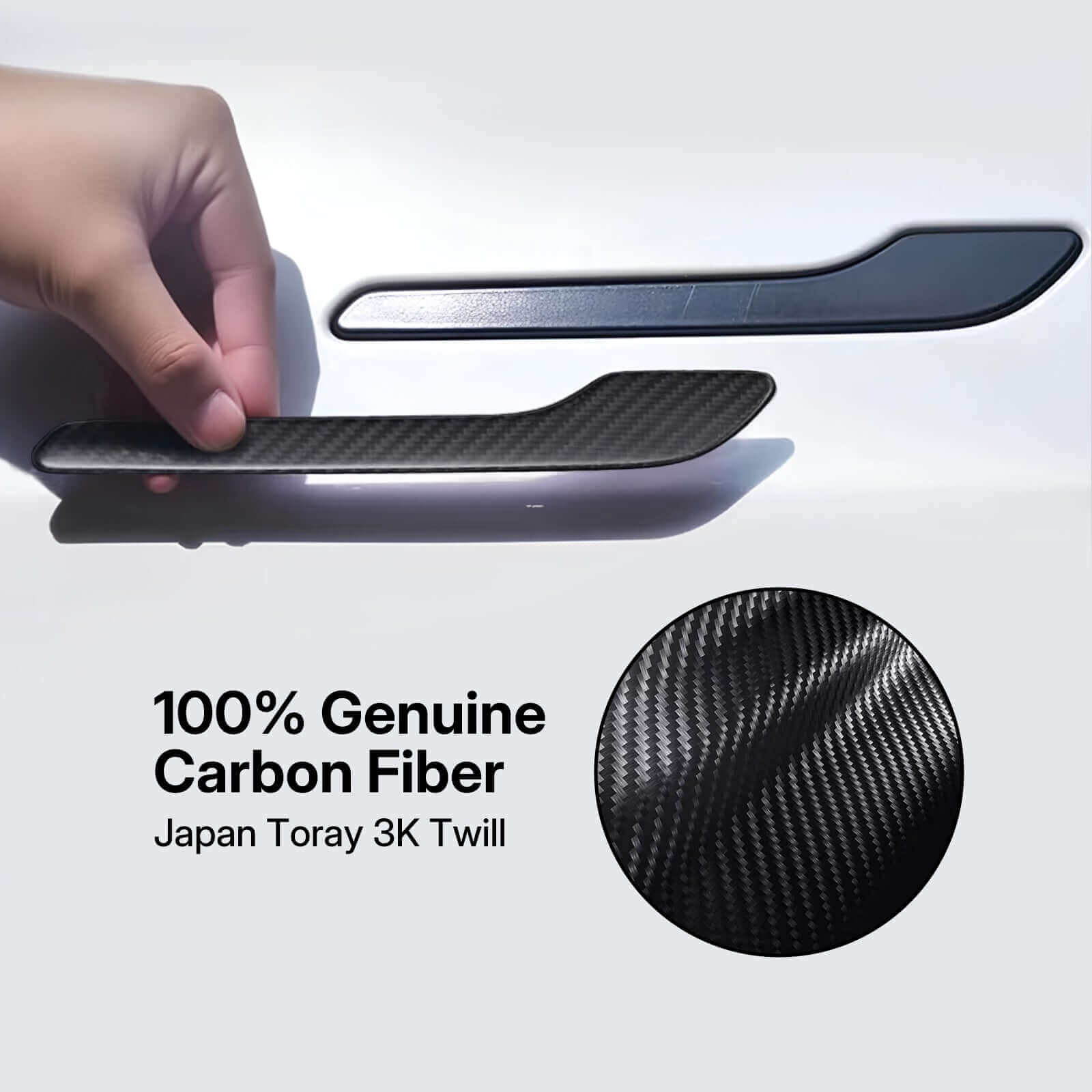 Close-up of Real Dry Carbon Fiber Door Handle Cover Kit for Tesla Model 3 Highland 2024 & Model Y Juniper 2025 showing Japan Toray 3K twill texture