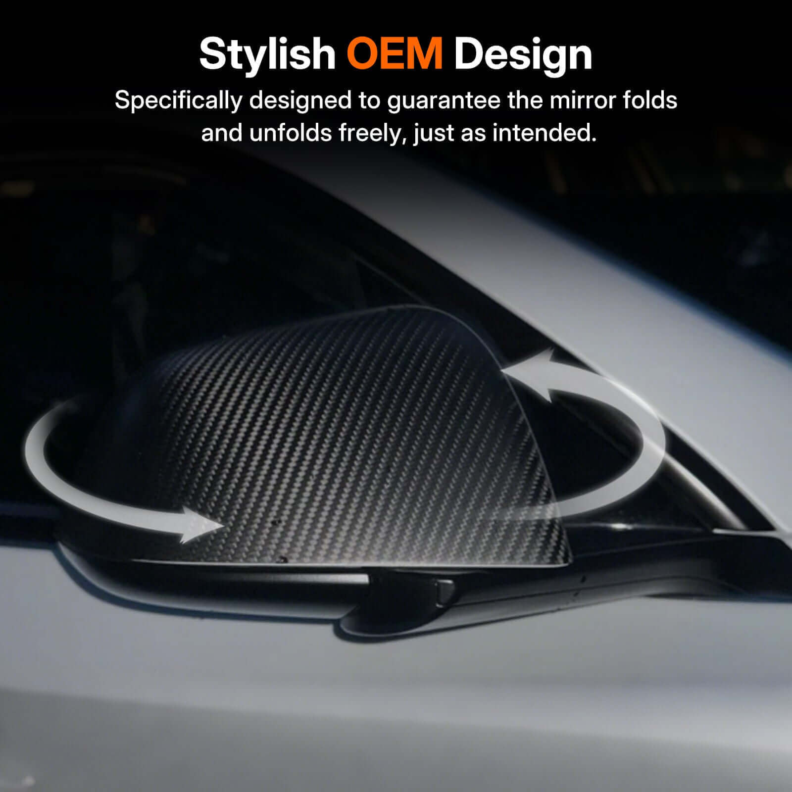 Close-up of Real Dry Carbon Fiber Mirror Covers for Tesla Model 3 showing stylish OEM design with foldability feature