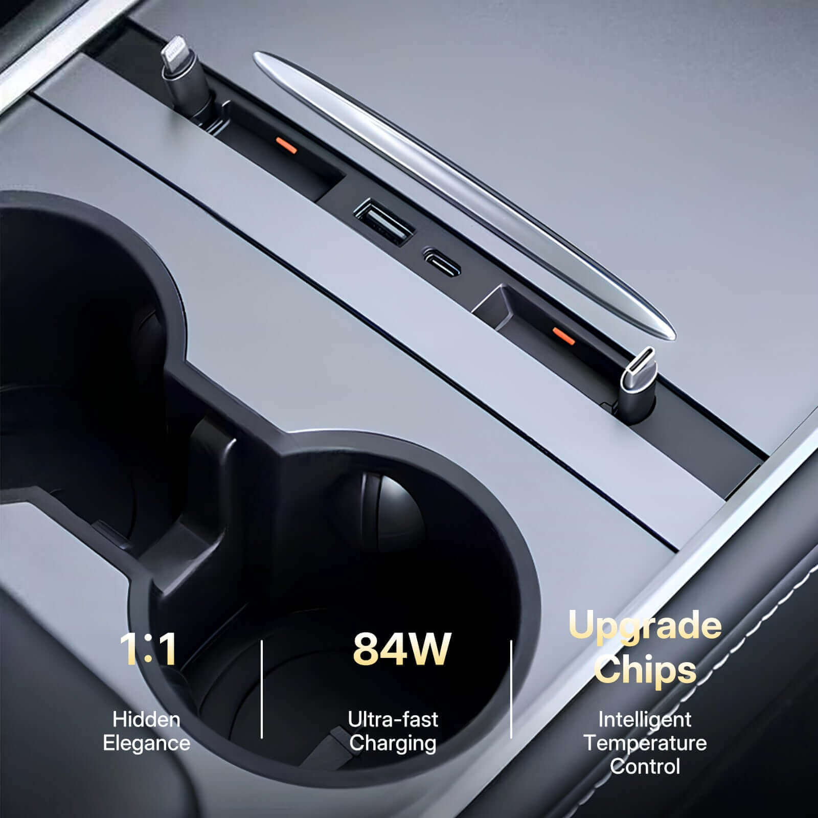 Close-up of Tesla Center Console USB Charger Hub for Model 3 Highland 2024 showing 84W ultra-fast charging ports and elegant design.