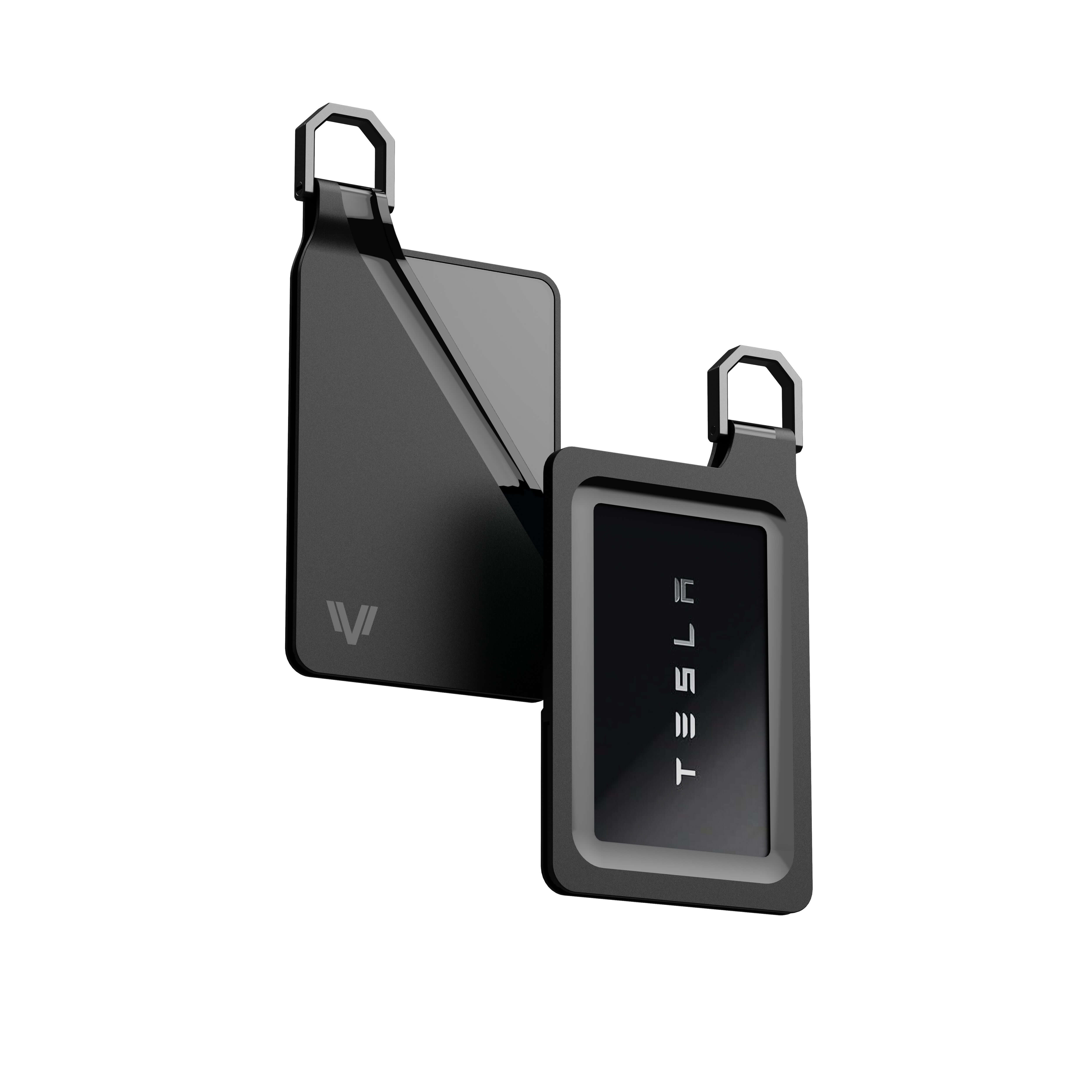Tesla Key Card Holder - Magnetic Snap Cover & Reinforced Backplate in black showing sleek design and robust finish