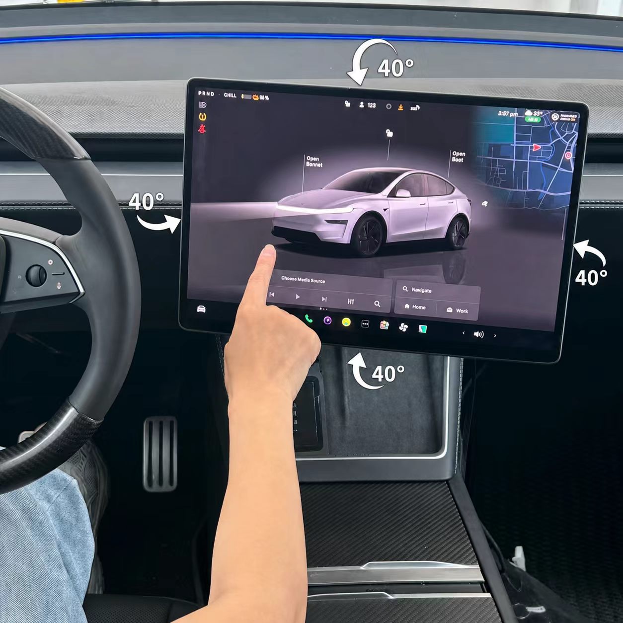 4-Way Adjustable Rotating Screen Mount Kit for Tesla Model 3/Y, showcasing interactive touchscreen interface.