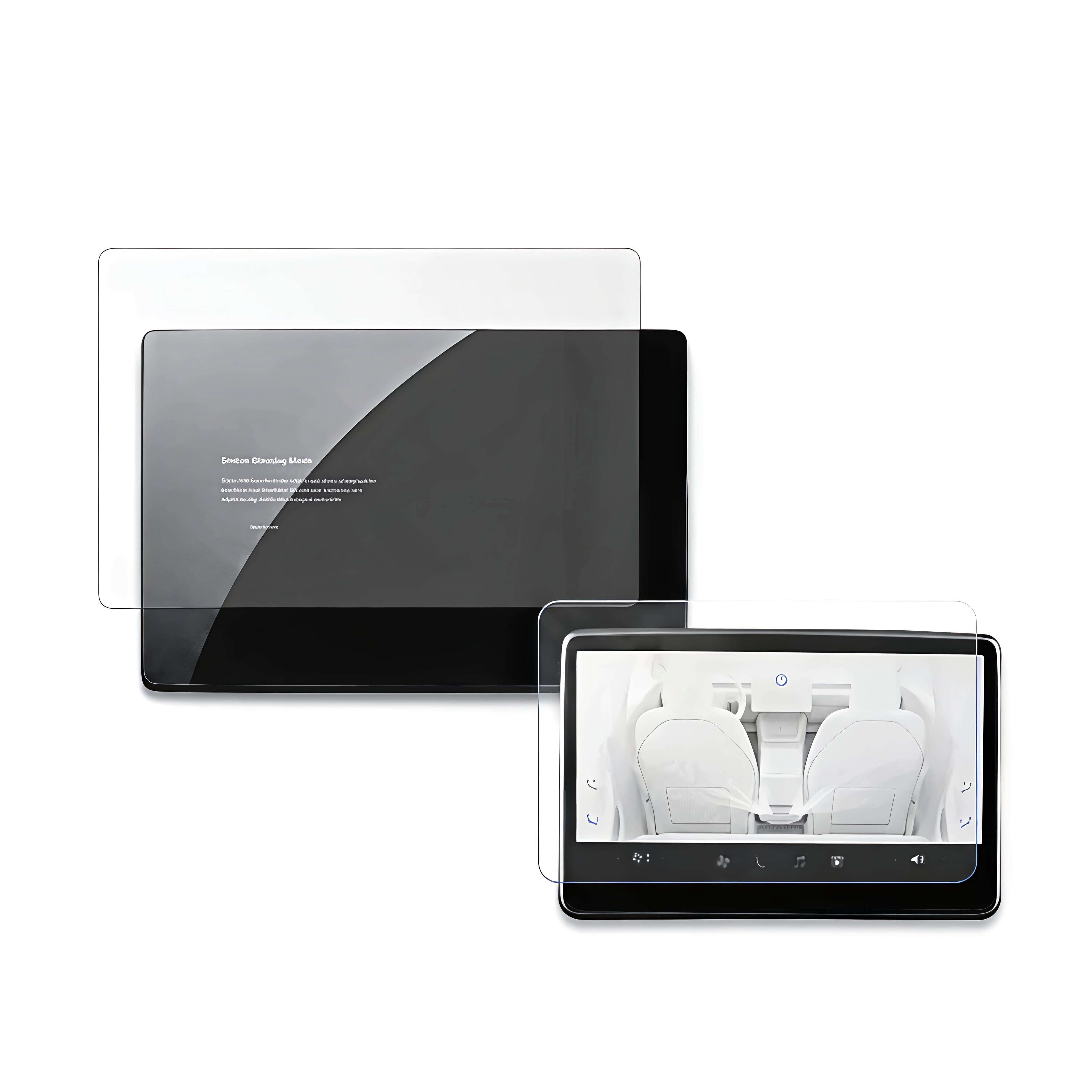 White background product shot of Tesla Model 3/Y tempered glass screen protector for front and rear displays.