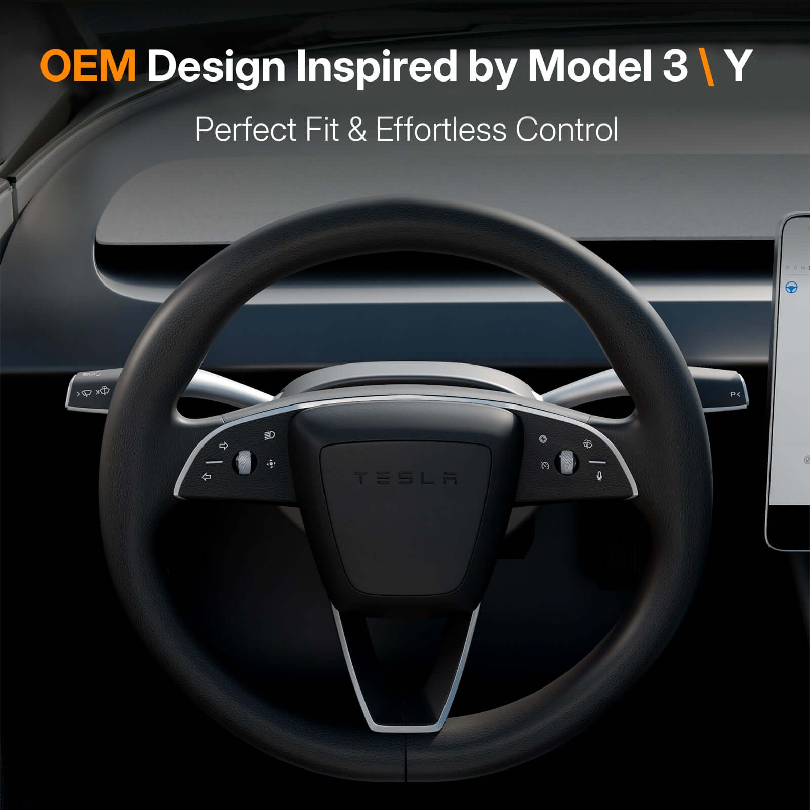 Tesla Model 3/Y OEM gear shift and turn signal stalk kit in black showing effortless control features