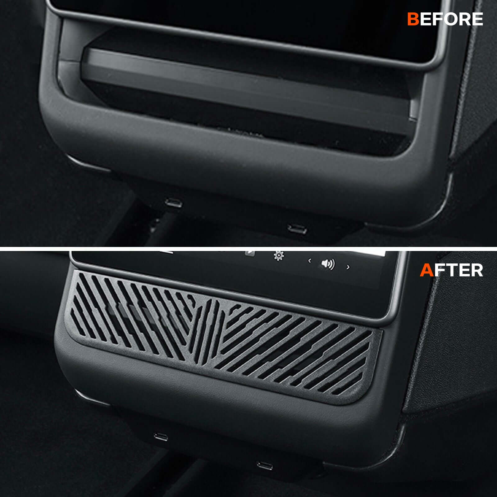 Before and after Tesla Model Y Juniper 2025 Under Seat/Rear Air Vent Cover installation comparing dust protection effect