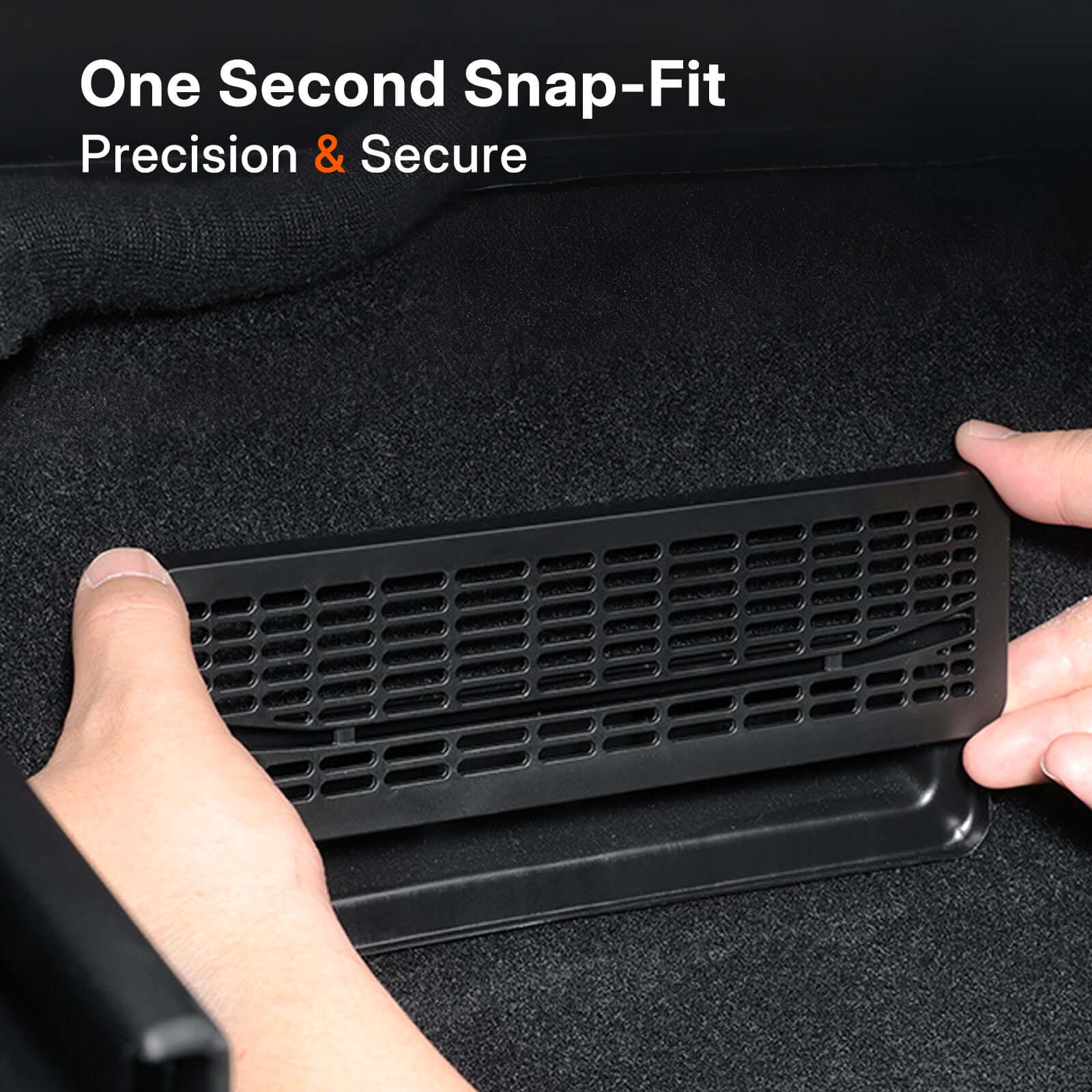 Tesla Model Y Juniper 2025 Under Seat/Rear Air Vent Cover installation showing one second snap-fit precision
