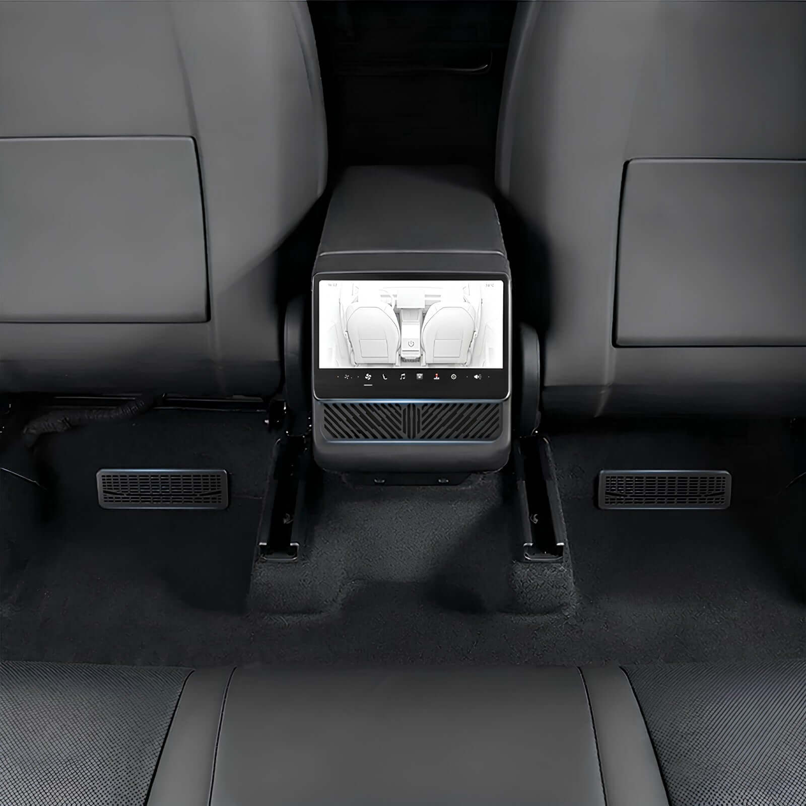 Tesla Model Y Juniper 2025 Under Seat/Rear Air Vent Cover installed in vehicle cabin showing air vent alignment.