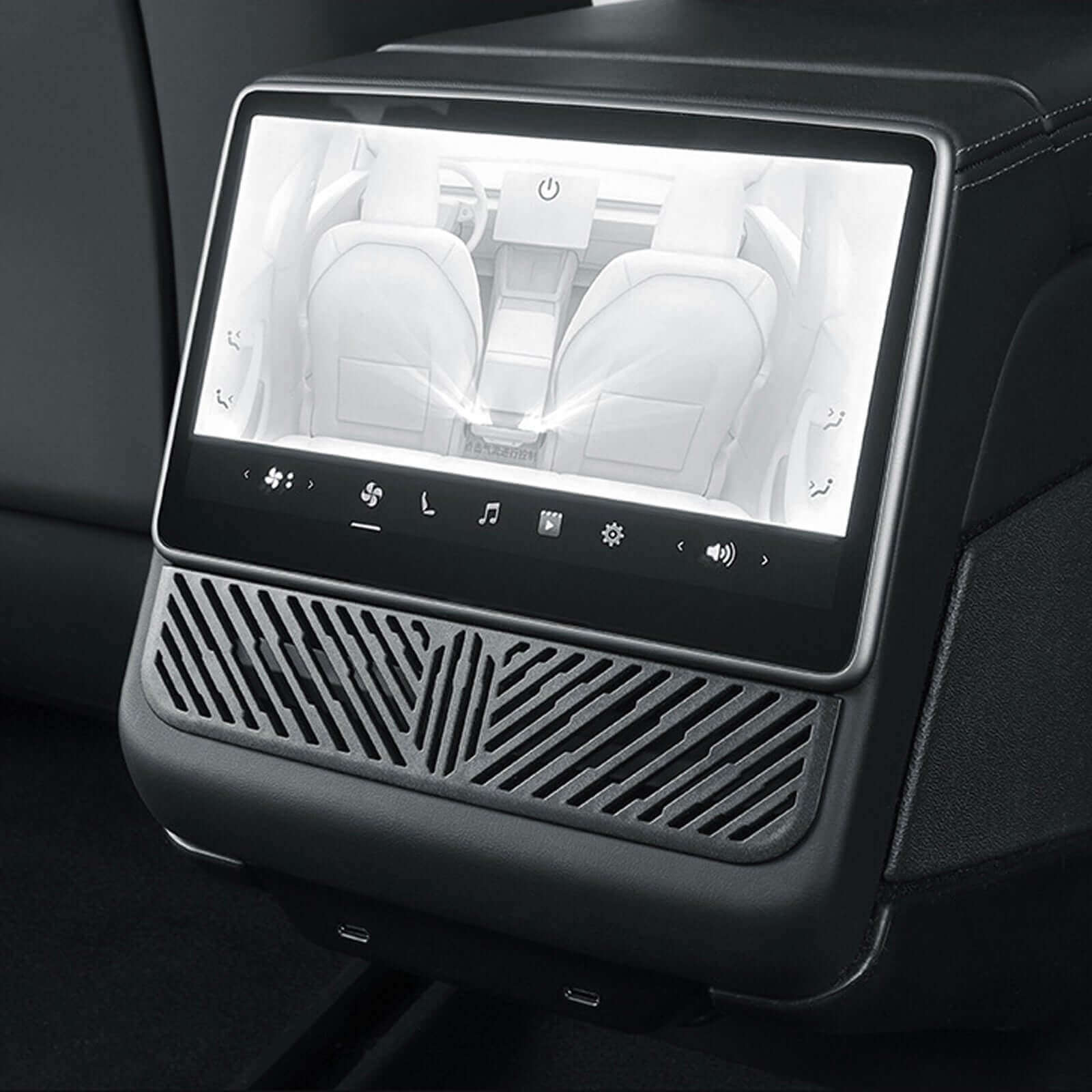 Tesla Model Y Juniper 2025 Under Seat/Rear Air Vent Cover installation showing HVAC control panel