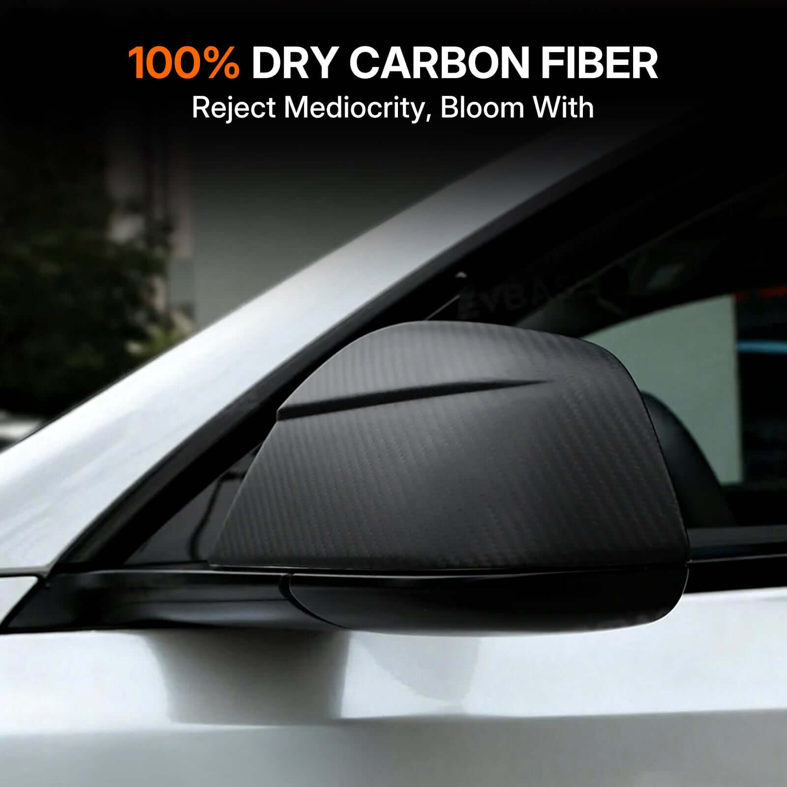 Close-up of Real Dry Carbon Fiber Mirror Covers for Tesla Model Y Juniper 2025 showing premium 100% dry carbon fiber texture