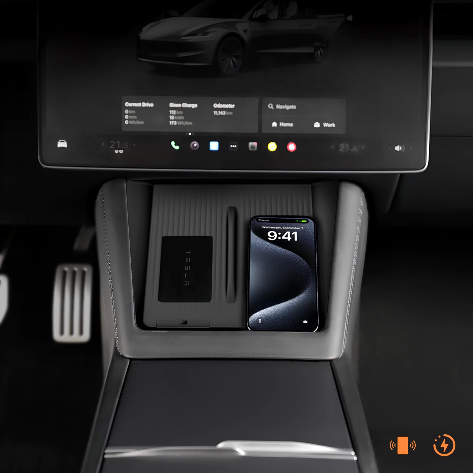 Tesla Model Y Juniper 2025 / Model 3 Highland 2024 Console Wireless Charging Pad - Anti-Slip Silicone Mat, 15W Fast Charging & OEM Fit