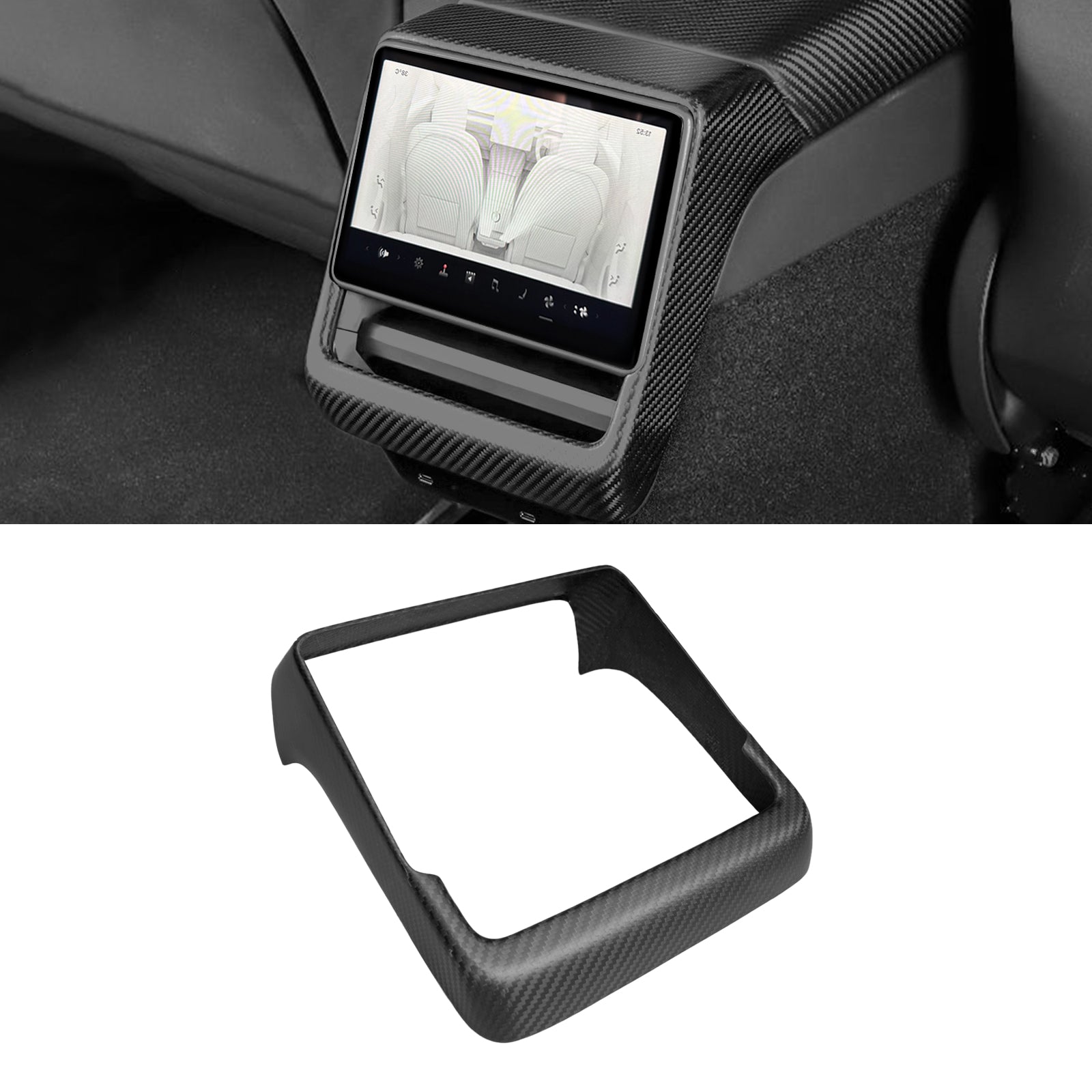 Real Dry Carbon Fiber Rear Screen Frame Covers for Tesla Model 3 Highland 2024 & Y Juniper 2025 - OEM Factory Fit