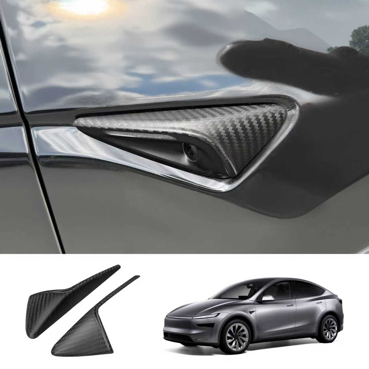 Real Dry Carbon Fiber Side Camera Covers for Tesla Model 3 Highland 2024 & Y Juniper 2025 - OEM Factory Fit