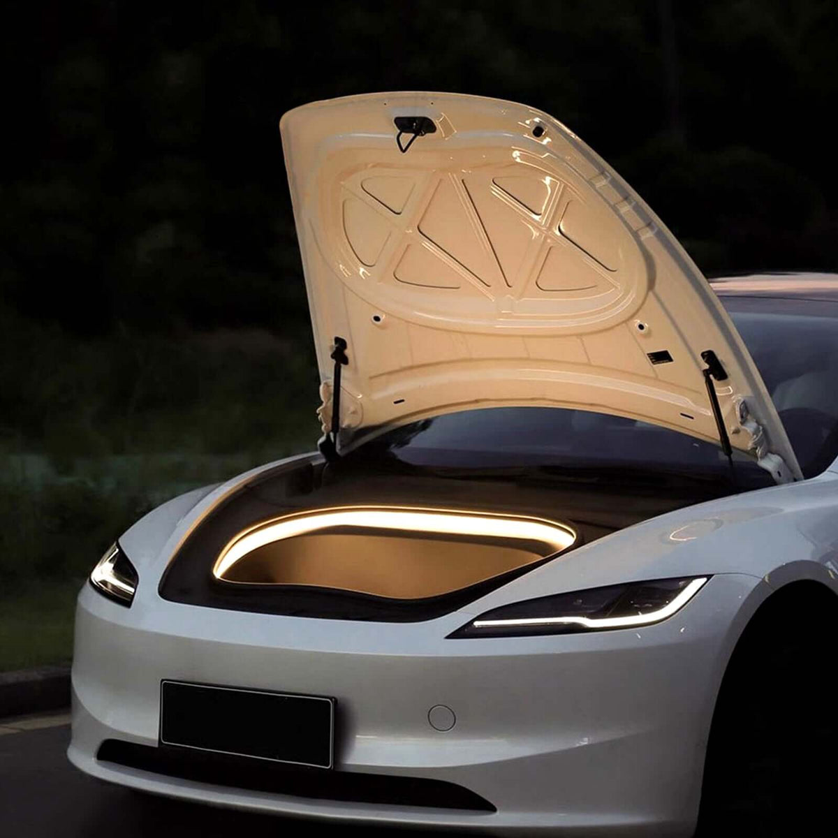 Tesla Model 3 Highland Frunk Light Pro app-controlled RGBIC LED strip illuminating frunk at night