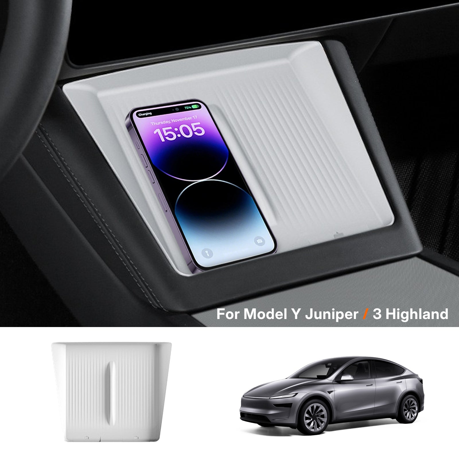 Tesla Model Y Juniper 2025 / Model 3 Highland 2024 Console Wireless Charging Pad - Anti-Slip Silicone Mat, 15W Fast Charging & OEM Fit