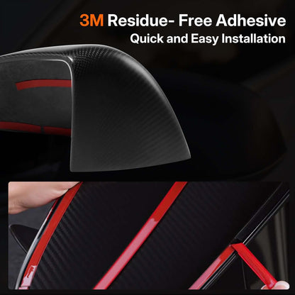 Close-up of Real Dry Carbon Fiber Mirror Covers for Tesla Model 3 showcasing 3M residue-free adhesive for easy installation