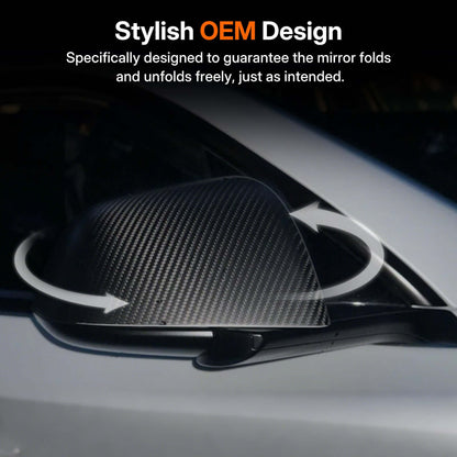 Close-up of Real Dry Carbon Fiber Mirror Covers for Tesla Model 3 showing stylish OEM design with foldability feature