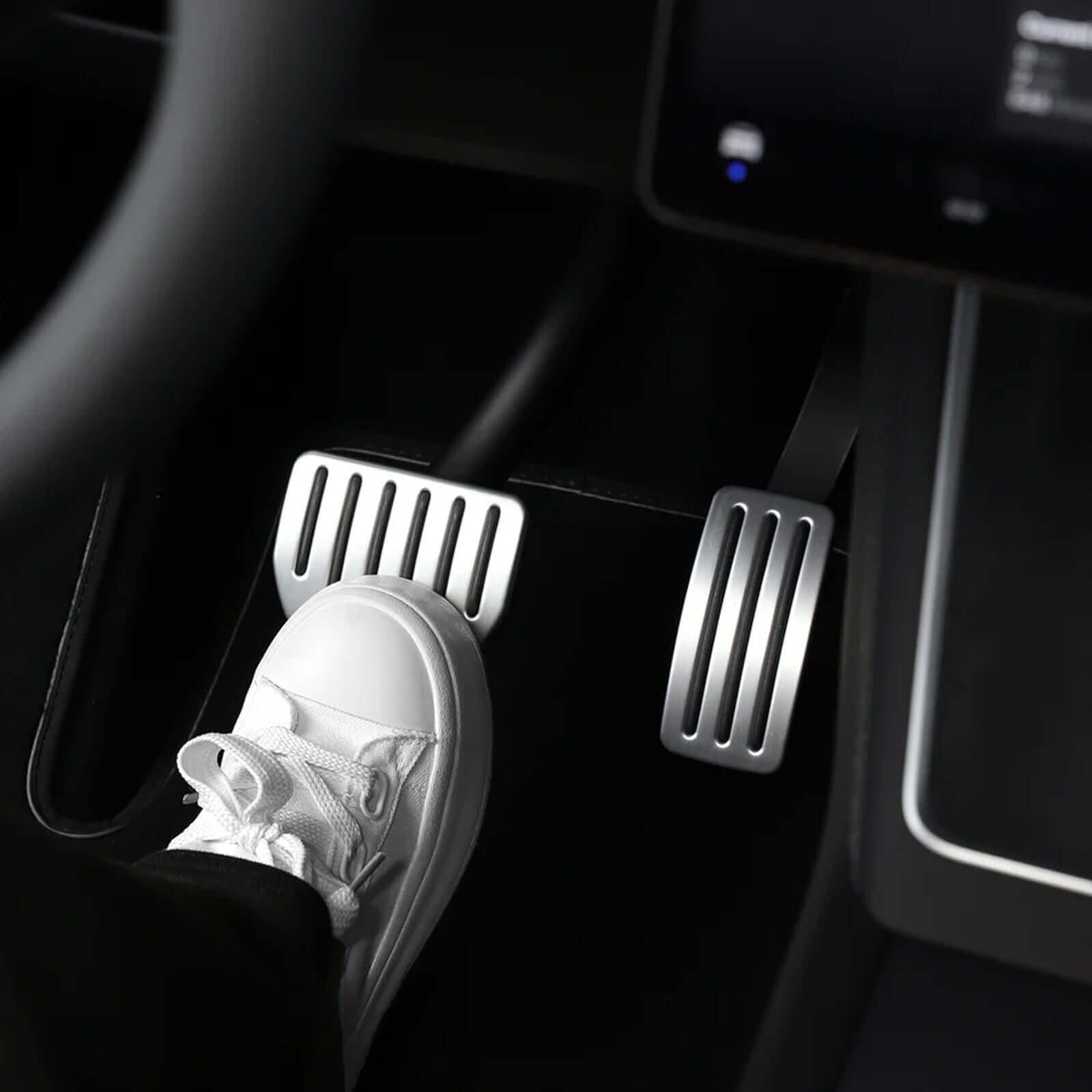 Tesla Model Y interior with Aluminum Alloy Non-Slip Textured Accelerator Brake Pedal Covers in silver