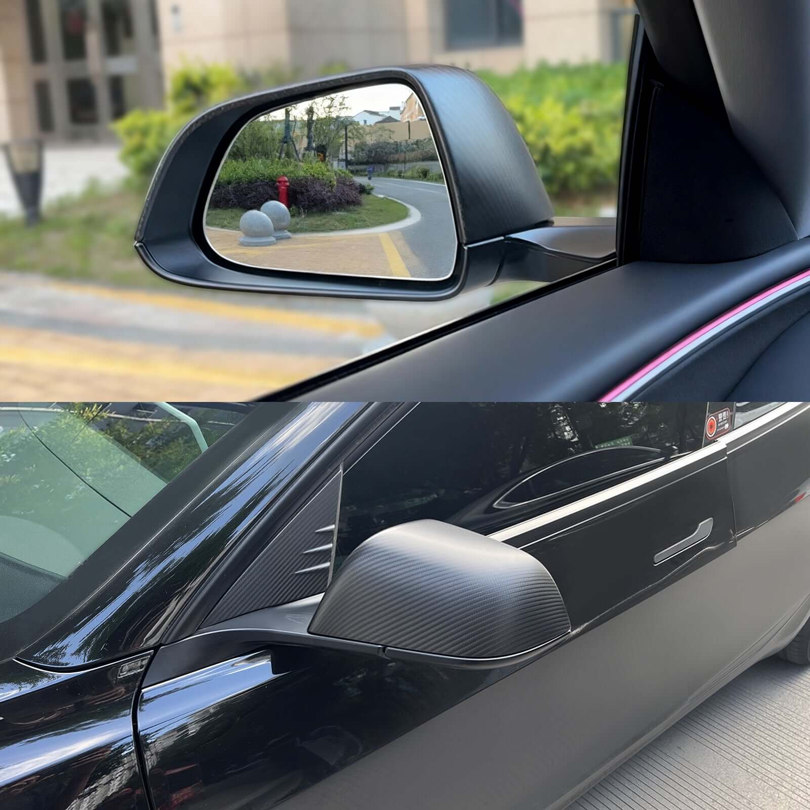 Tesla Model 3 Highland interior with real dry carbon fiber mirror covers installed