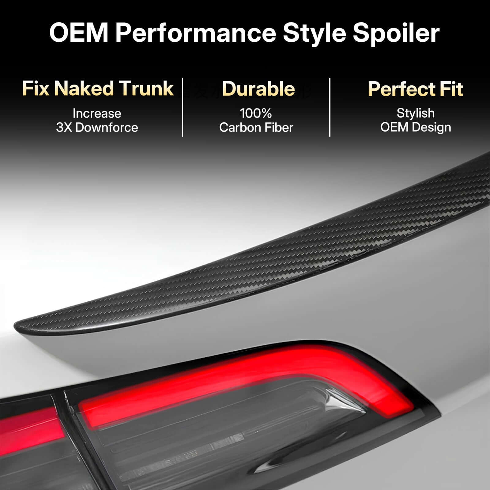 Close-up of Real Dry Carbon Spoiler for Tesla Model 3 Highland 2024 showing 3X downforce and OEM design features.