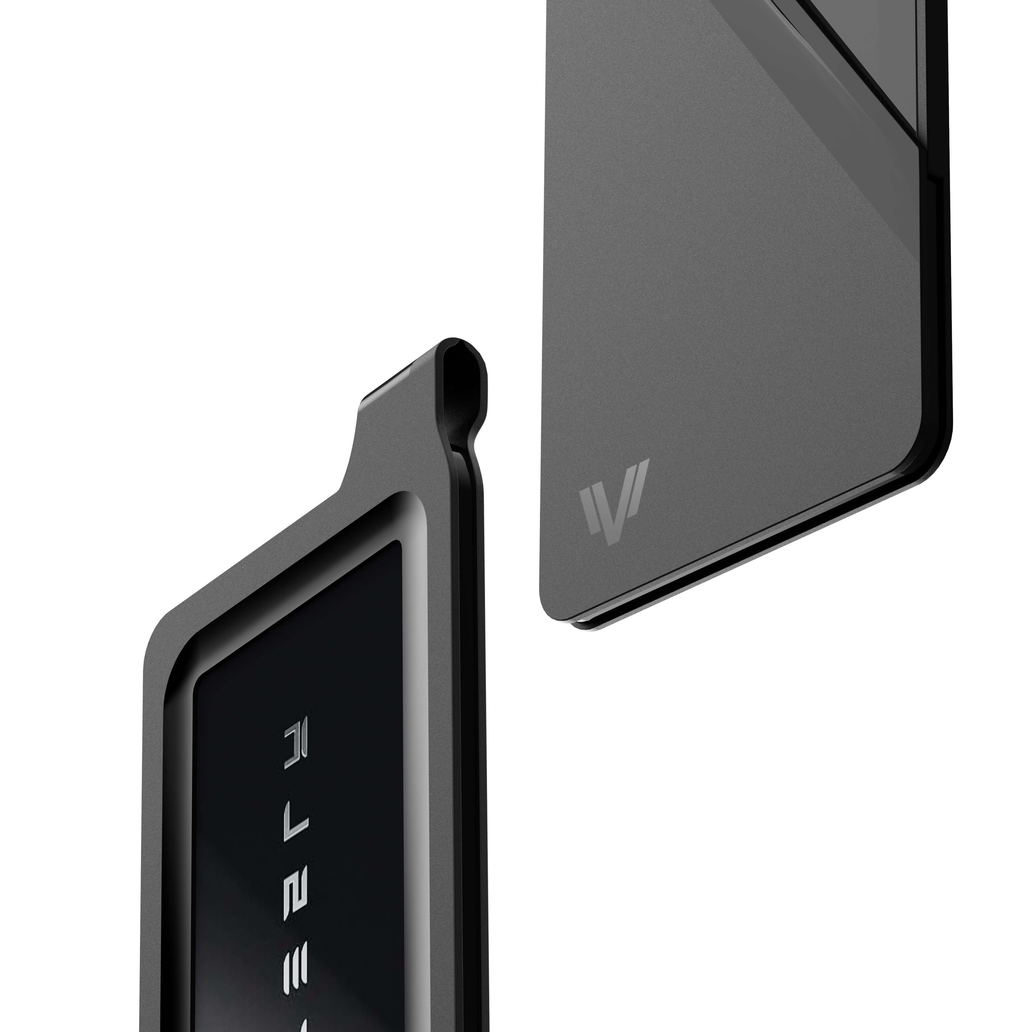 Close-up of Tesla Key Card Holder - Magnetic Snap Cover & Reinforced Backplate showing sleek design and premium materials