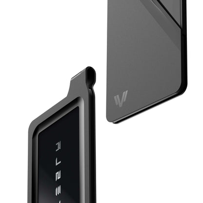 Close-up of Tesla Key Card Holder - Magnetic Snap Cover & Reinforced Backplate showing sleek design and premium materials