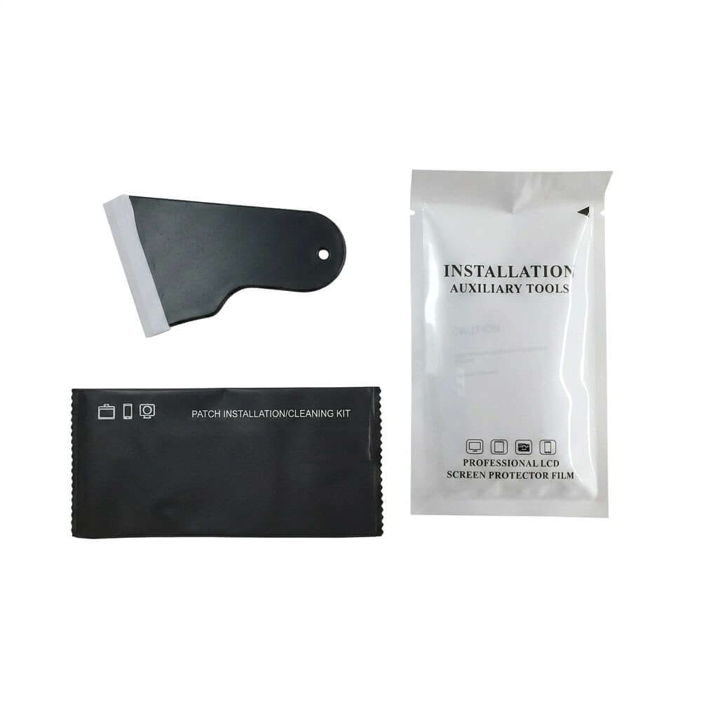 Display of the complete accessory kit, including cleaning wipes, dust remover, and installation tools for the screen protector.