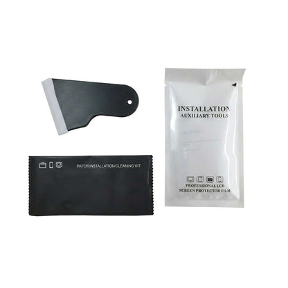Display of the complete accessory kit, including cleaning wipes, dust remover, and installation tools for the screen protector.