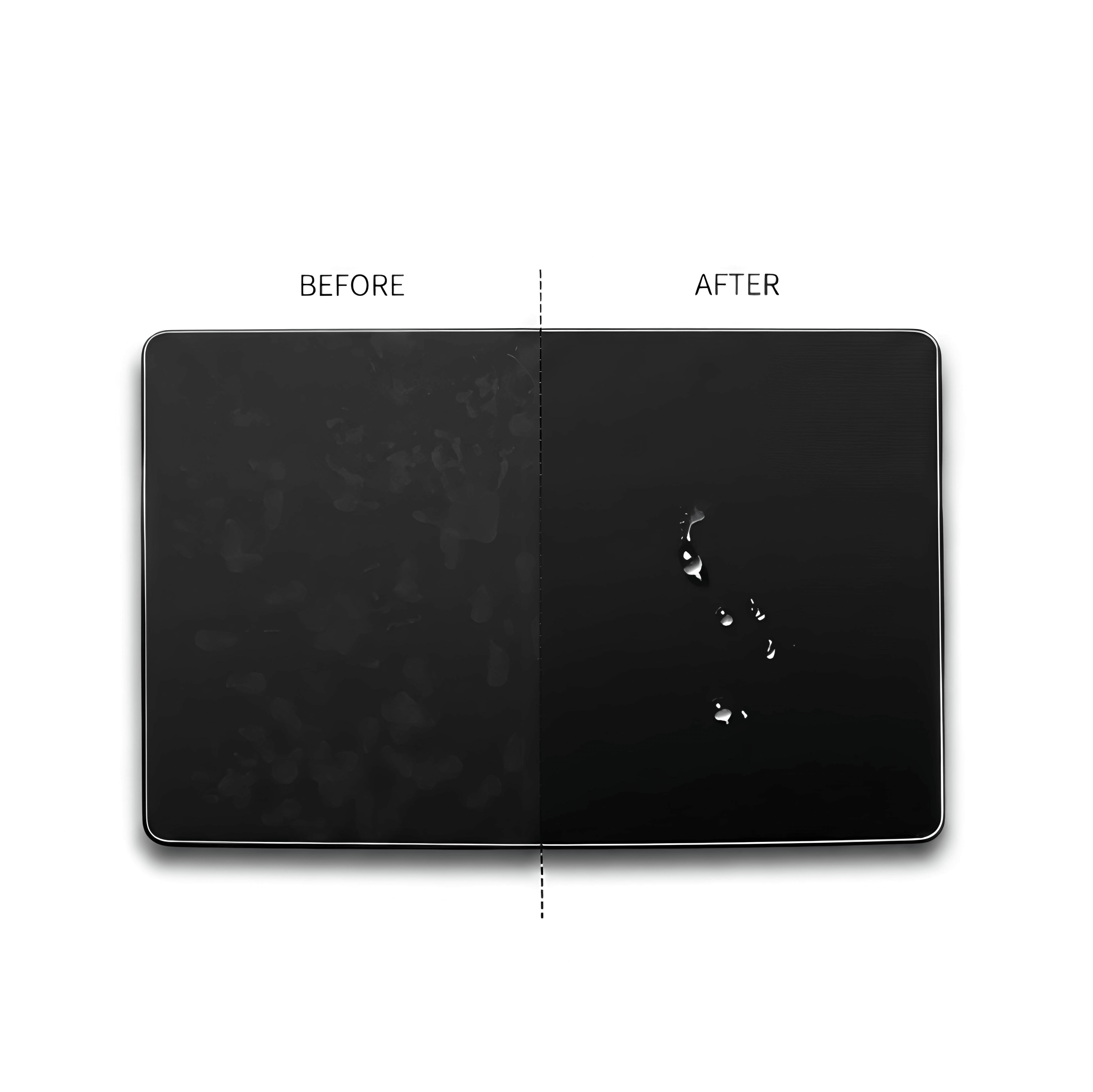Before-and-after comparison showing the improved clarity and protection provided by the Tesla Model 3/Y screen protector.