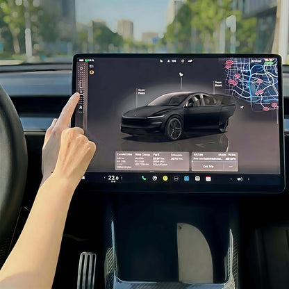 Tesla Model 3/Y screen protector installed on the front center display, showing edge-to-edge coverage and clarity.