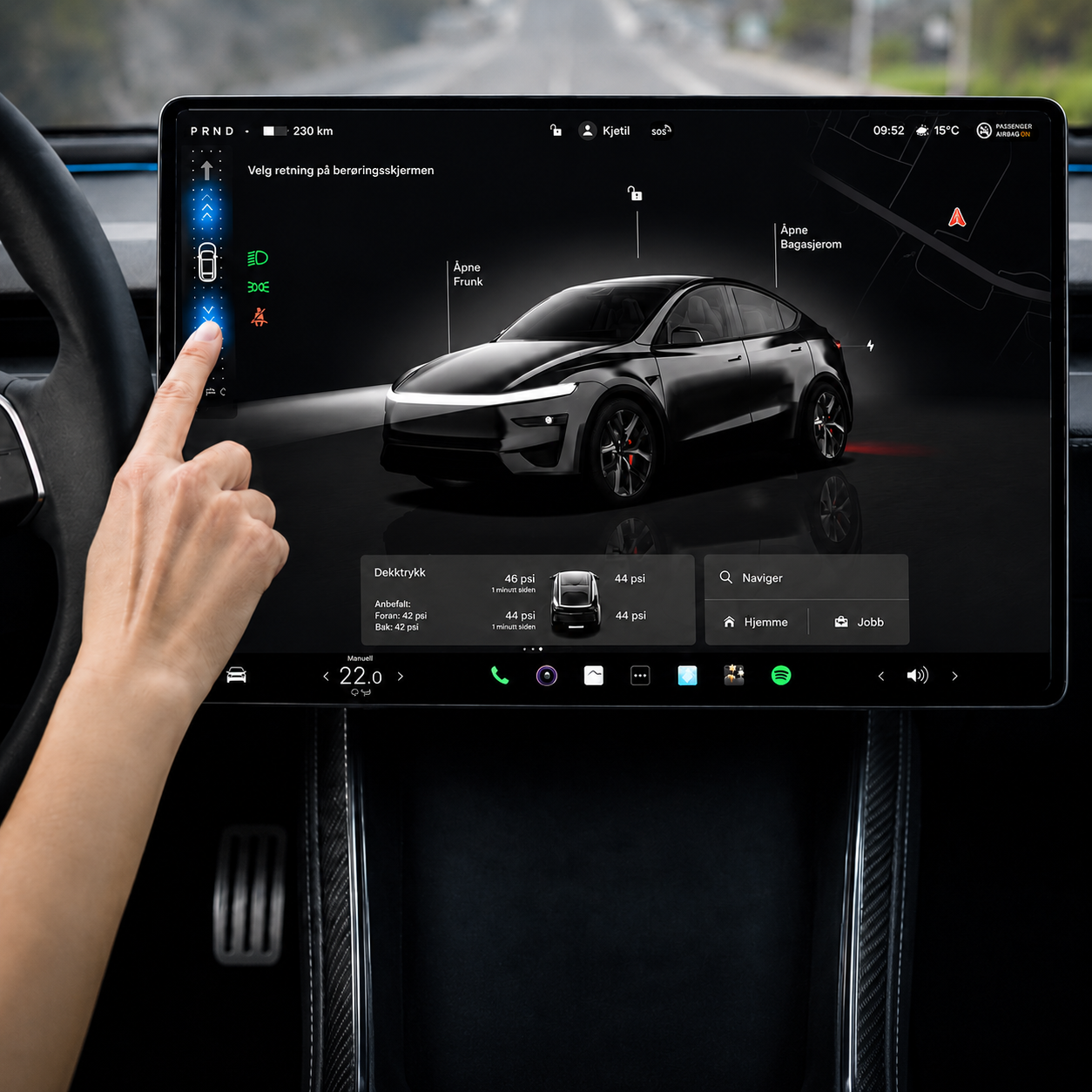 Tesla Tempered Glass Dual-Sense Screen Protector on a Tesla Model 3/Y touchscreen displaying vehicle settings.