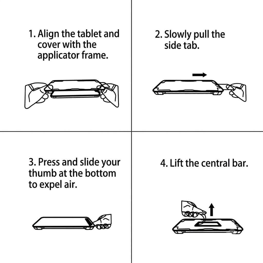 Step-by-step installation process for the Tesla Model 3/Y screen protector, featuring an auto-alignment frame for bubble-free application.