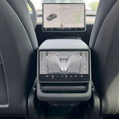 Rear display of Tesla Model 3/Y with tempered glass screen protector, highlighting full coverage and seamless fit.