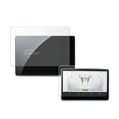 White background product shot of Tesla Model 3/Y tempered glass screen protector for front and rear displays.