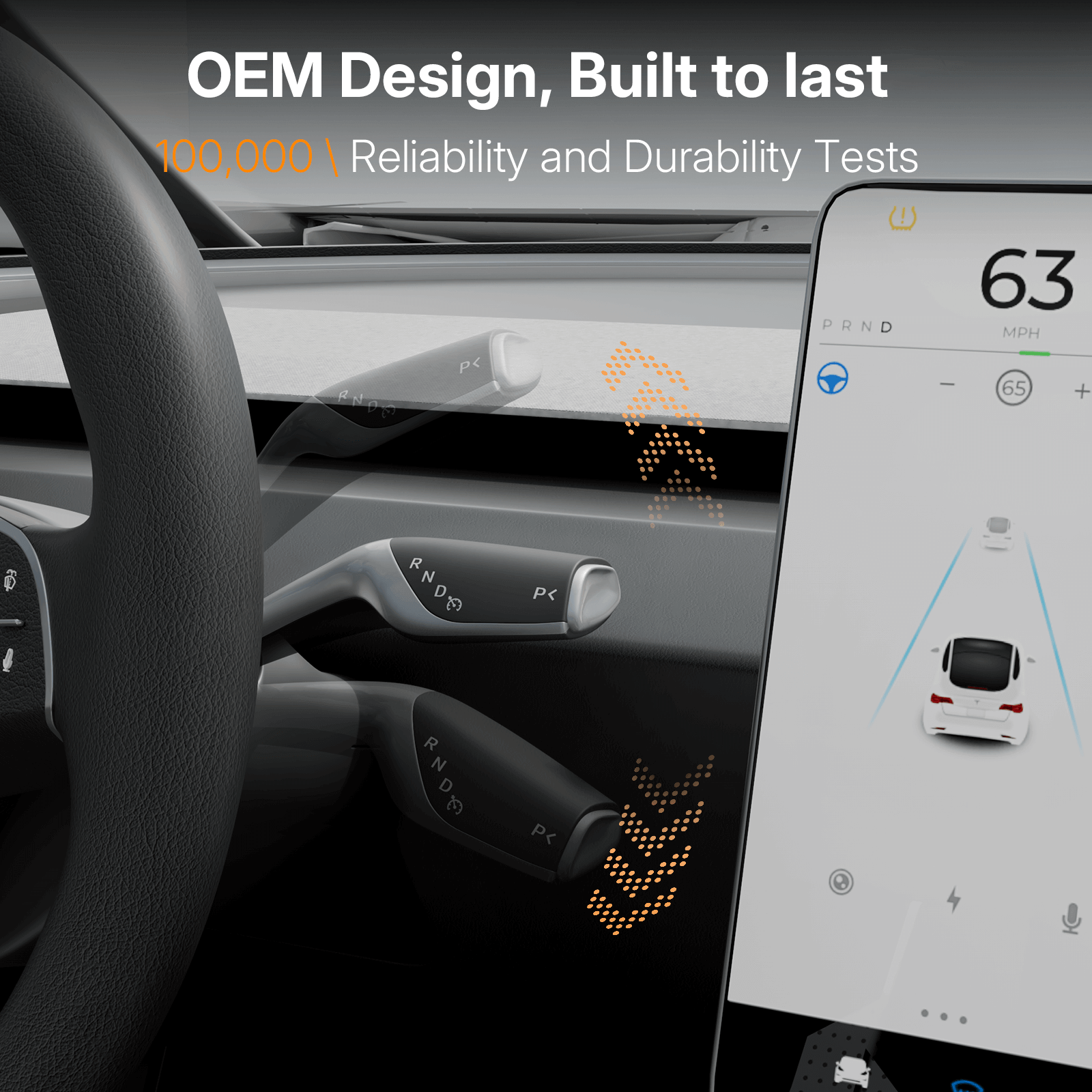 Tesla Model S/X 2021 gear shift and turn signal stalks showing OEM design with durability test indicator